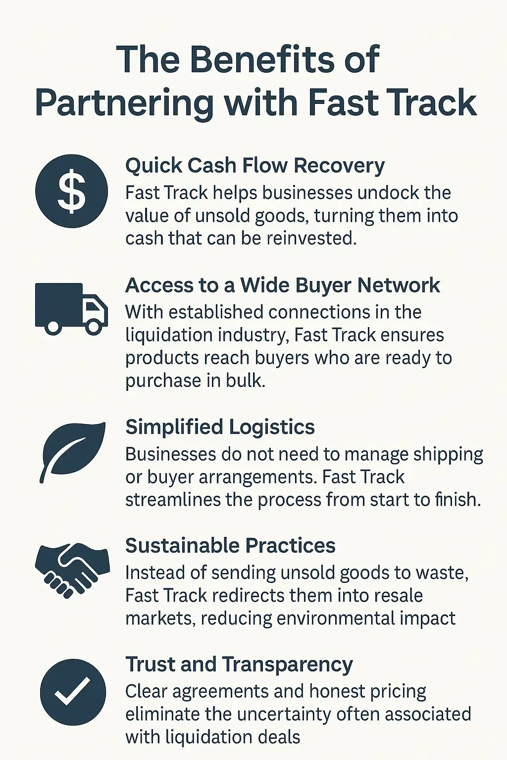 List of benefits when partnering with Fast Track, including cash recovery, logistics, and transparency.