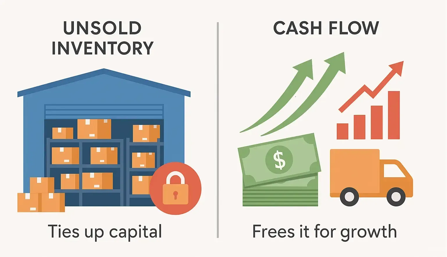 Illustration showing how unsold inventory ties up capital while liquidation boosts cash flow.