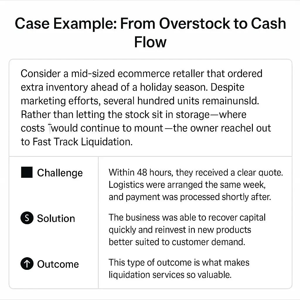 Case study showing how a retailer turned overstock into cash flow through Fast Track Liquidation in under 48 hours.