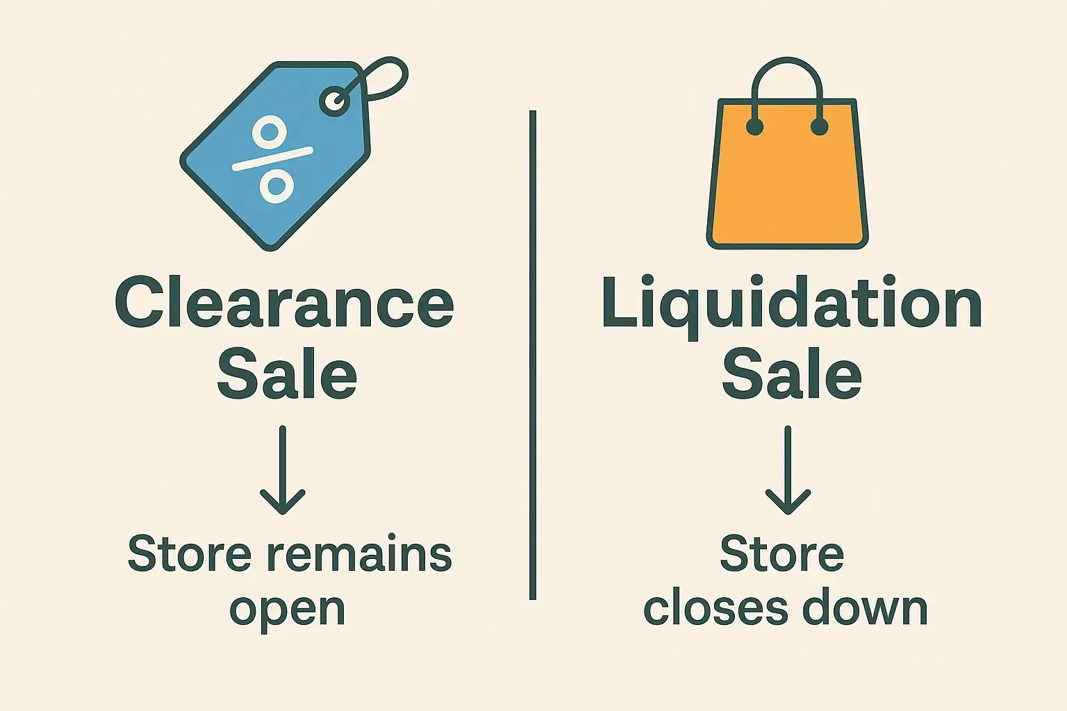 Comparison of clearance sale vs. liquidation sale showing store stays open vs. store shuts down.
