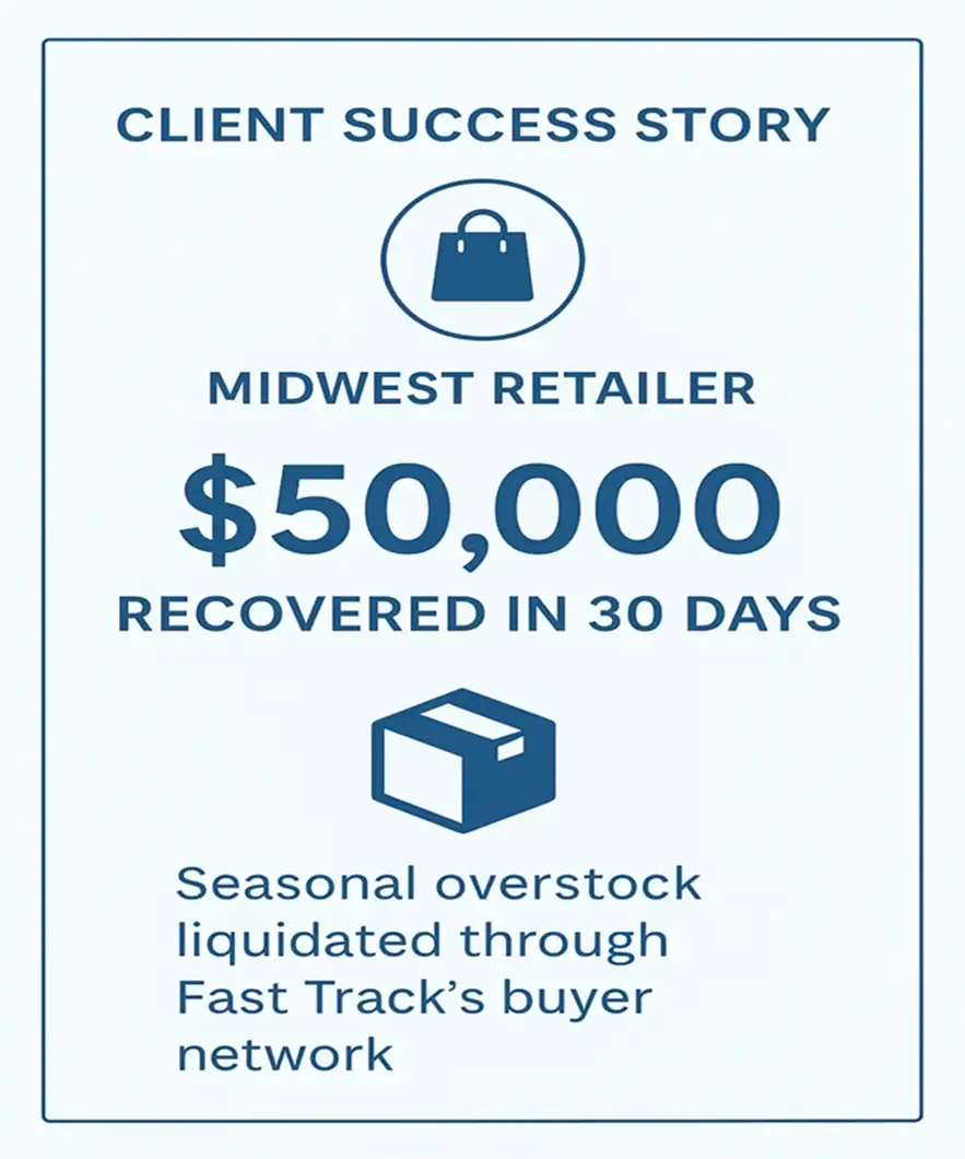 Client success story showing $50,000 recovered in 30 days by a Midwest retailer through liquidation.