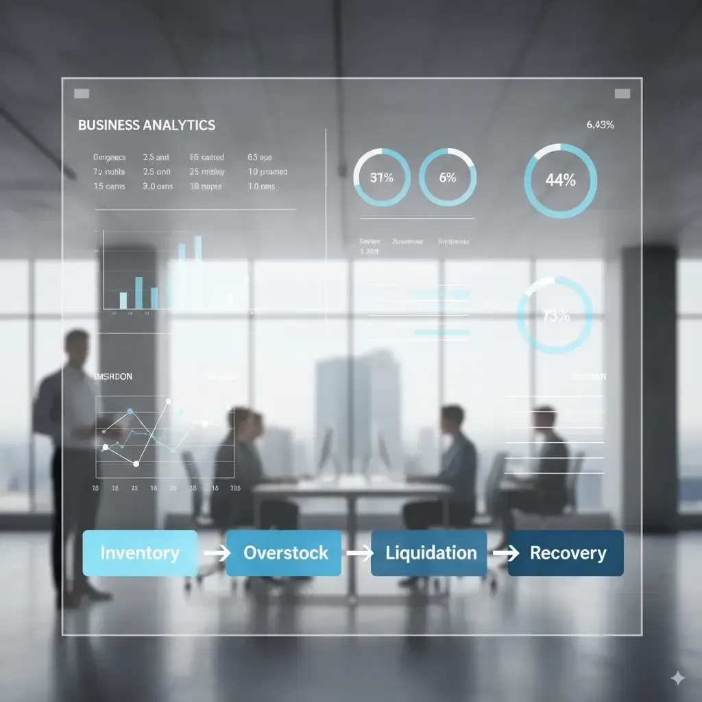 Business analytics dashboard showing inventory to recovery process: inventory, overstock, liquidation, recovery