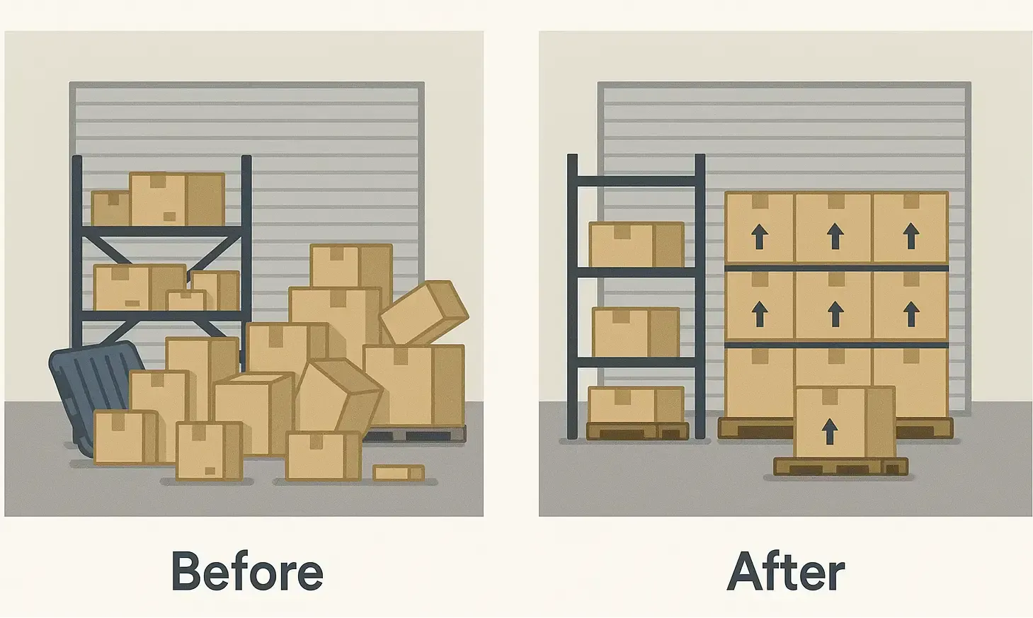 Side-by-side image of cluttered storage before and neatly stacked boxes after organization.