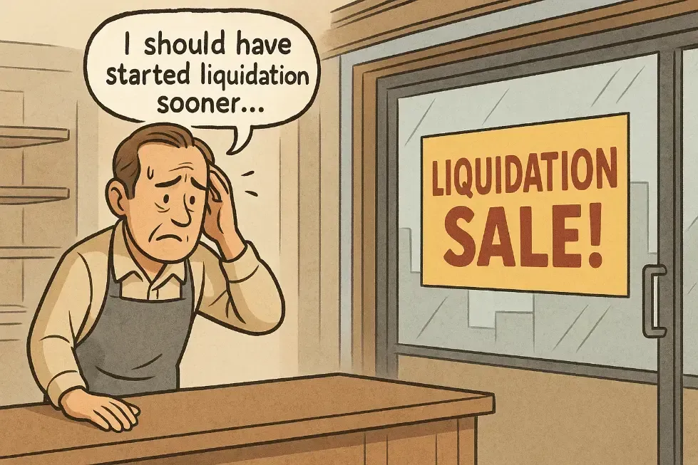 Worried store owner regrets delaying liquidation as a sale sign hangs in the window.
Ask ChatGPT
