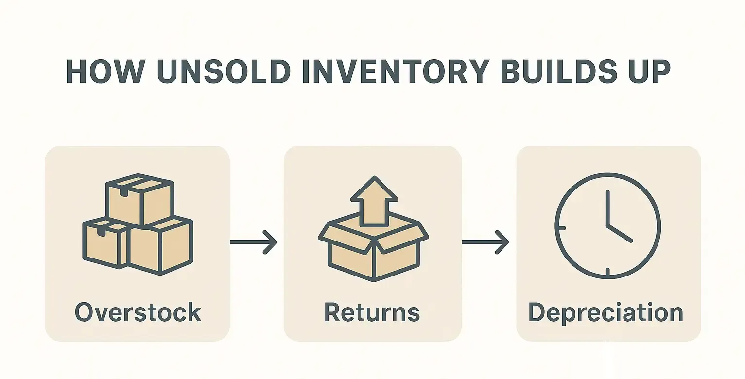 Flowchart showing how unsold inventory builds up through overstock, returns, and depreciation.