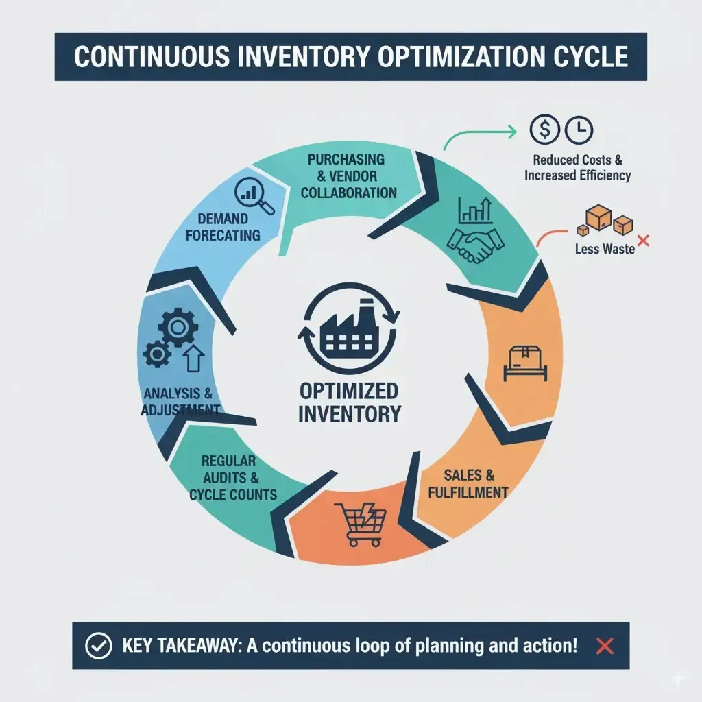 Continuous inventory optimization cycle showing forecasting, audits, collaboration, sales, and adjustments for reduced costs and less waste.