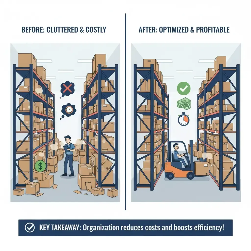 Warehouse before and after comparison showing cluttered costly storage versus organized profitable inventory.