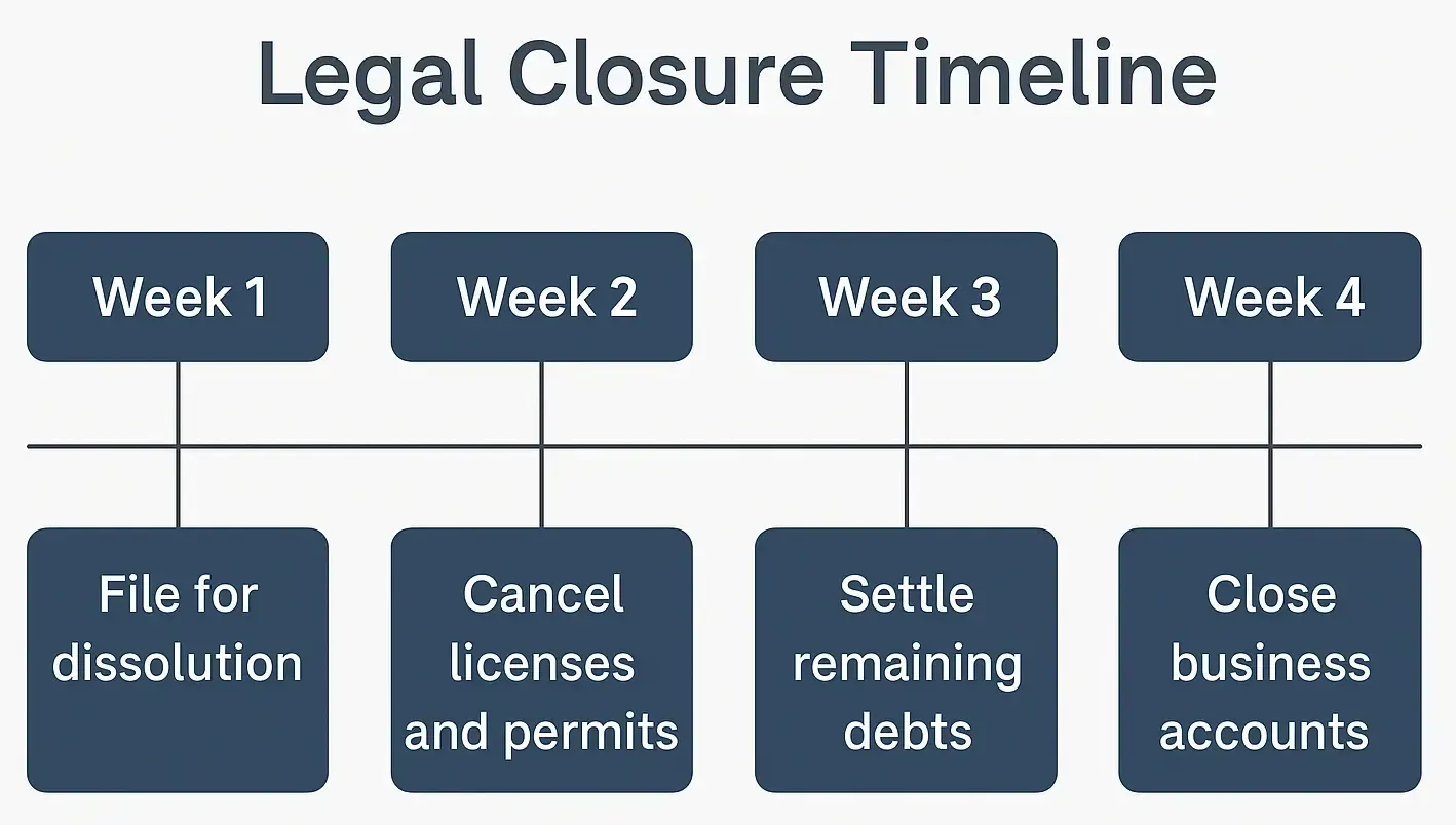 Four-week legal closure timeline: file dissolution, cancel permits, settle debts, close accounts.
