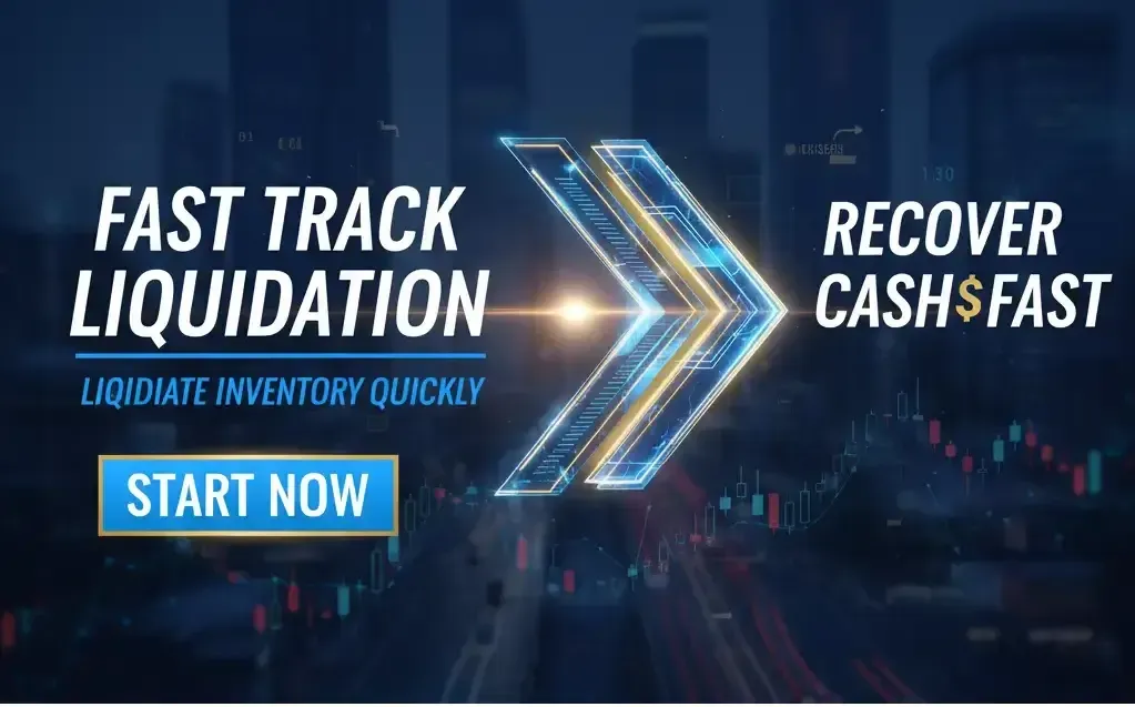 Fast Track Liquidation ad with slogan liquidate inventory quickly and recover cash fast, start now button