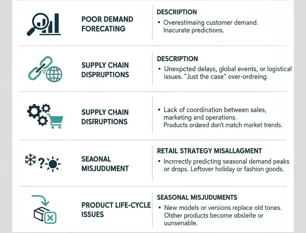 Causes of surplus inventory including poor demand forecasting, supply chain disruptions, seasonal misjudgment, and product life-cycle issues.