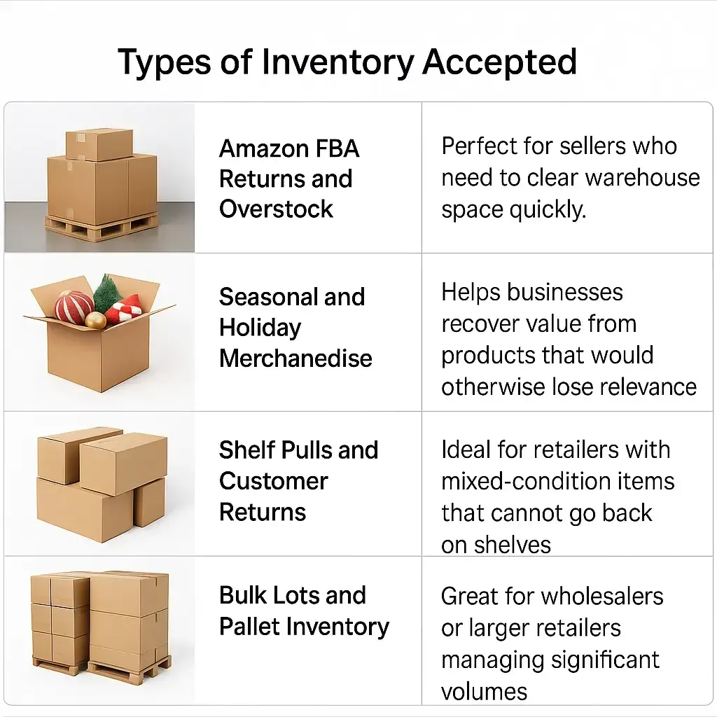 Table listing types of inventory accepted by Fast Track Liquidation, including Amazon returns, shelf pulls, and bulk lots.