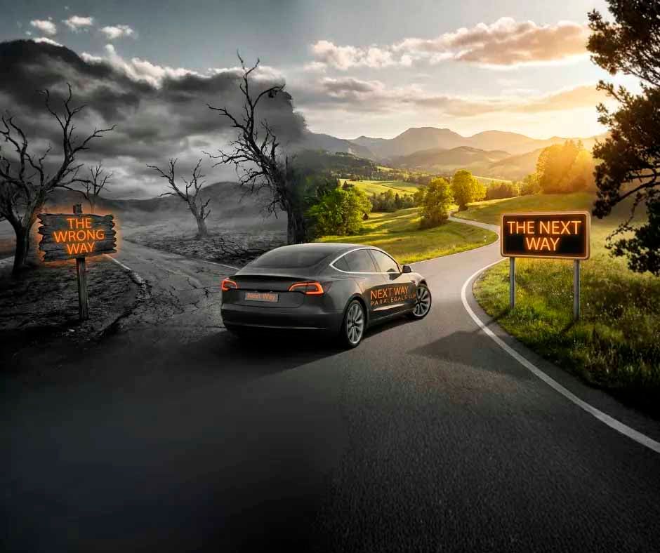 Car at a crossroads: dark, dead path vs. bright, winding road. Sign posts read 