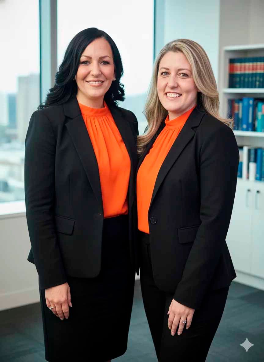 Two women in suits, orange tops, smiling in an office setting with bookshelves and a window view.