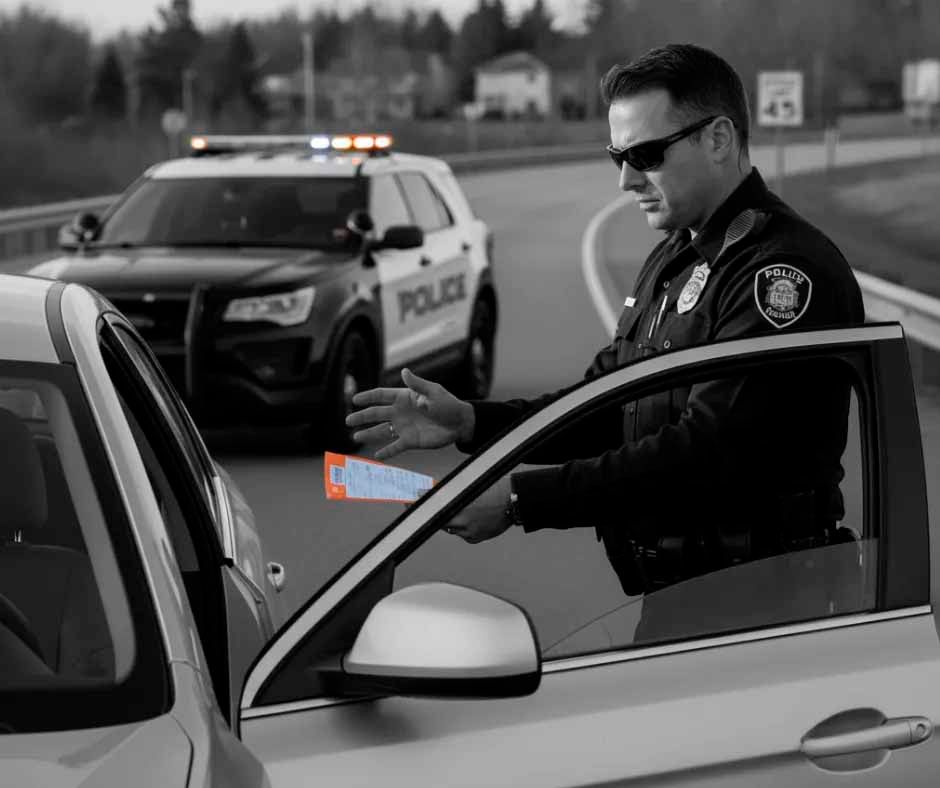 Police officer giving a traffic ticket to a driver. A patrol car is parked behind the vehicle.