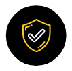 Black shield icon with a yellow outline and white check mark on a black circle background
