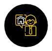 Yellow line-art of a house and person with a headset inside a black circle icon