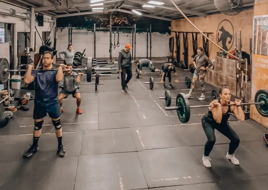 Gente levantando pesas en un gimnasio. Varios hacen sentadillas con mancuernas. Suelo negro, paredes color canela.