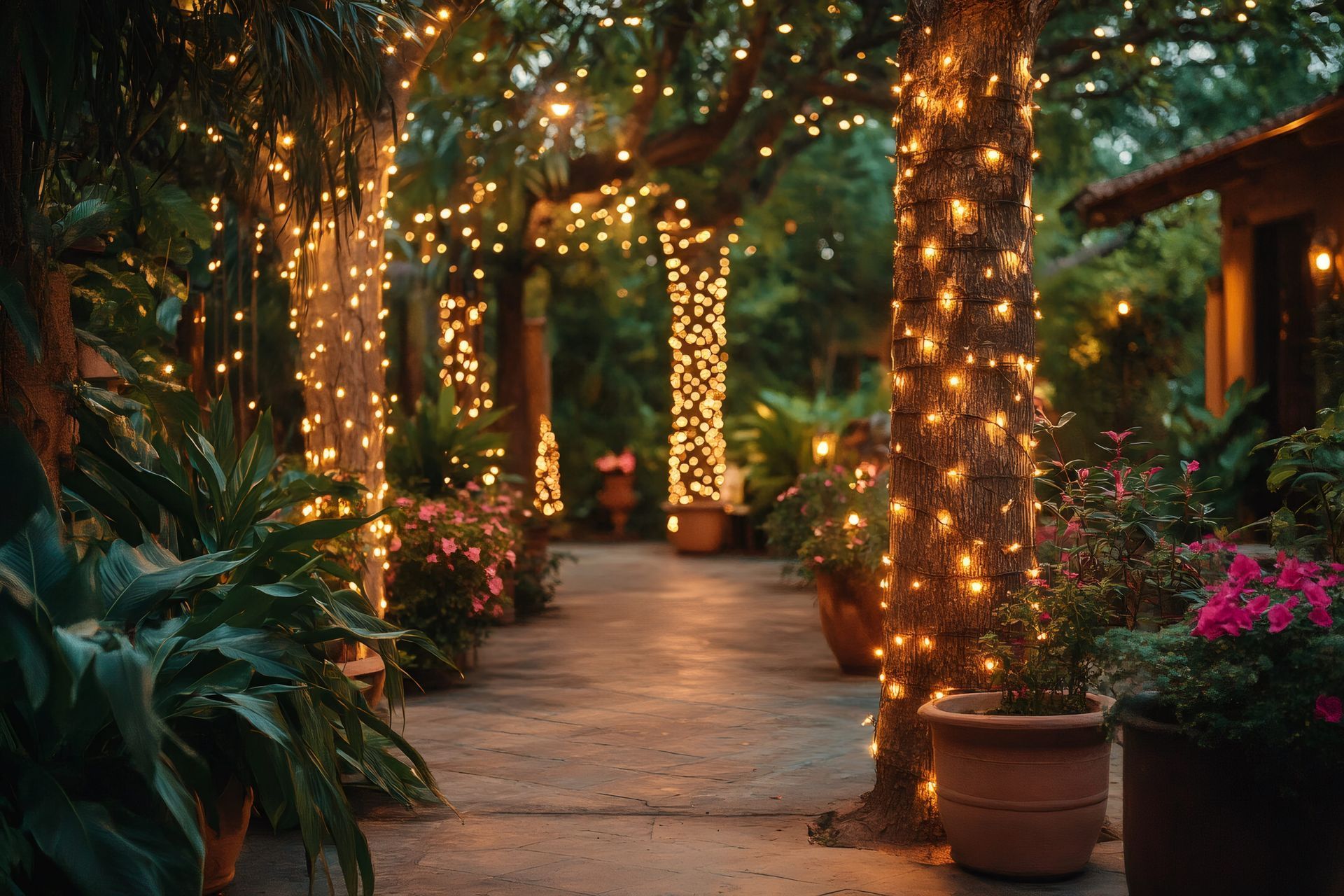 Garden path lined with trees wrapped in warm white string lights and potted plants at dusk