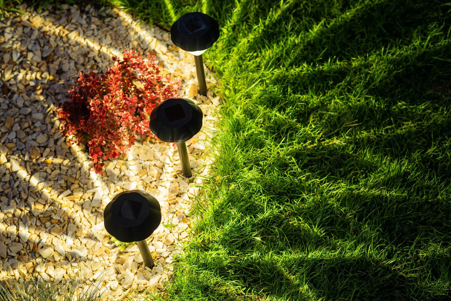 Overhead view of three black solar lights beside a red flower bed and green grass path