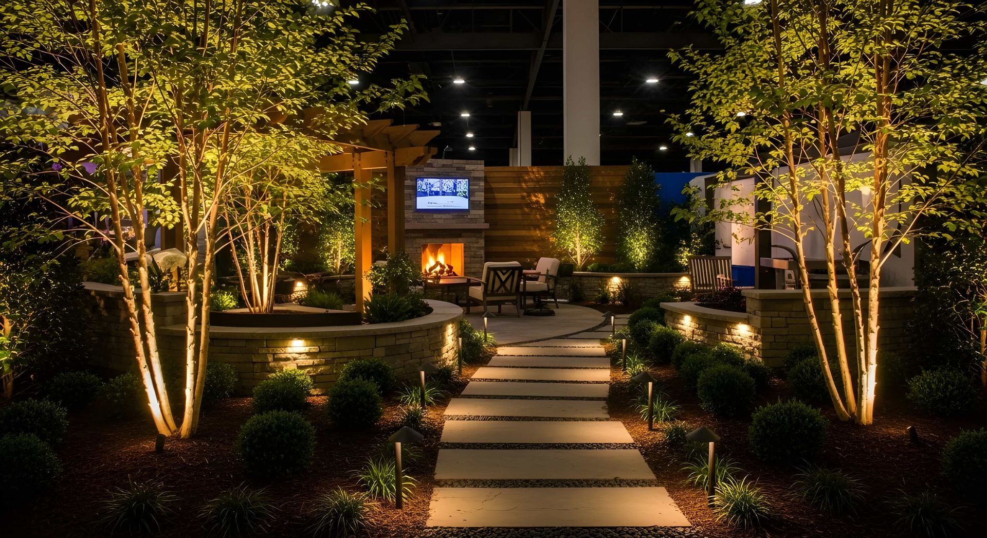 Illuminated garden path leading to a building entrance at night, with trees and shrubs lit by warm lights