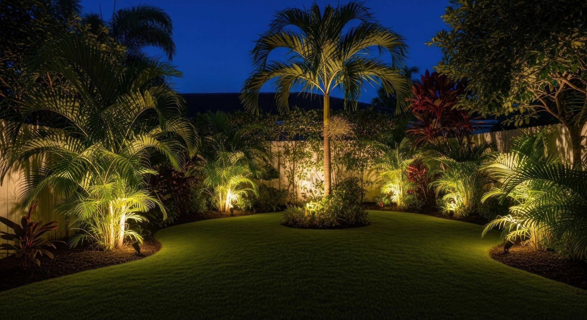 Lit tropical garden at night with palm trees, manicured lawn, and warm landscape lighting.