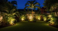 Lit tropical garden at night with palm trees, manicured lawn, and warm landscape lighting.