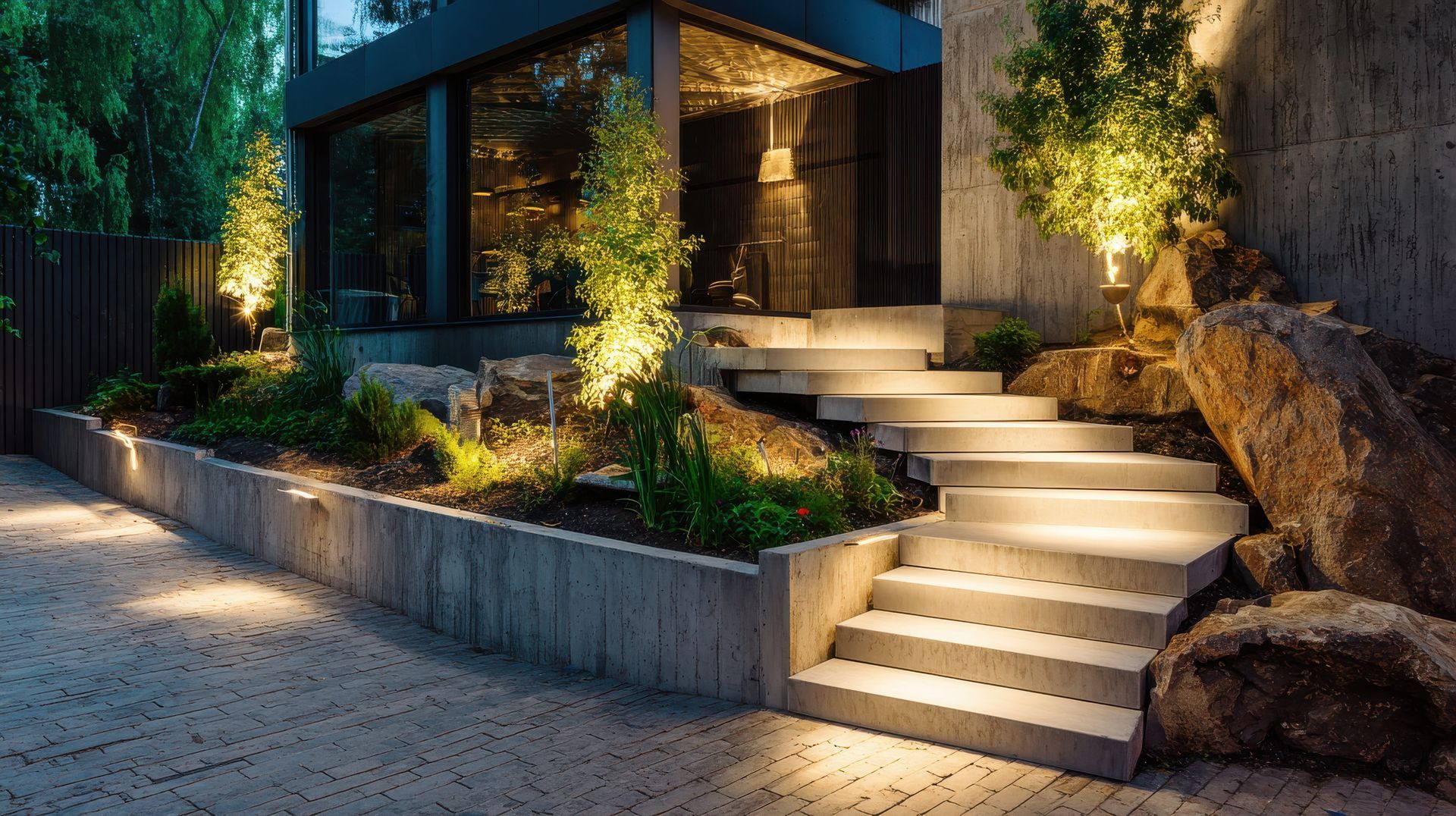 Modern house exterior at dusk with lit steps, landscaped plants, and large rocks along a driveway