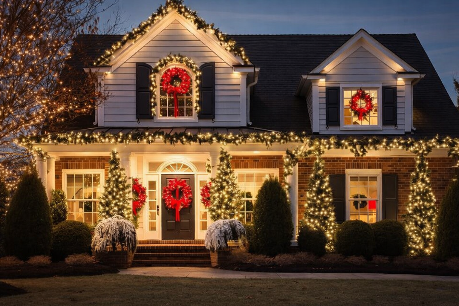 House decorated with red Christmas wreaths and warm lights at dusk