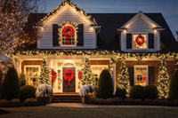 House decorated with red Christmas wreaths and warm lights at dusk