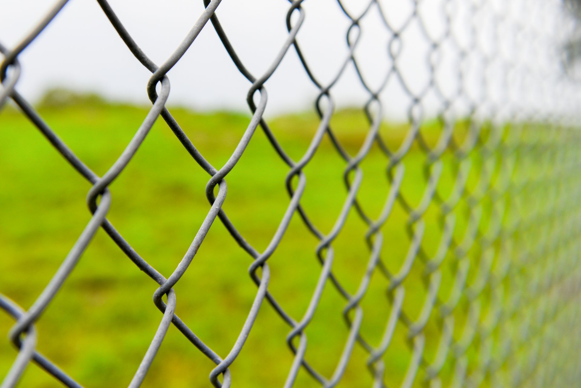 Close-up of chain link fence with blurred green field background, outdoor security and nature scene.