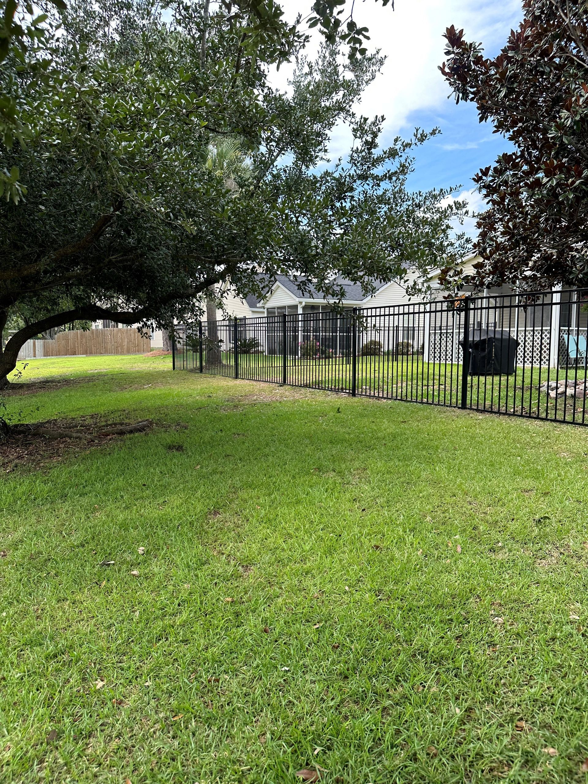 A fenced in yard with a tree in the middle of it.