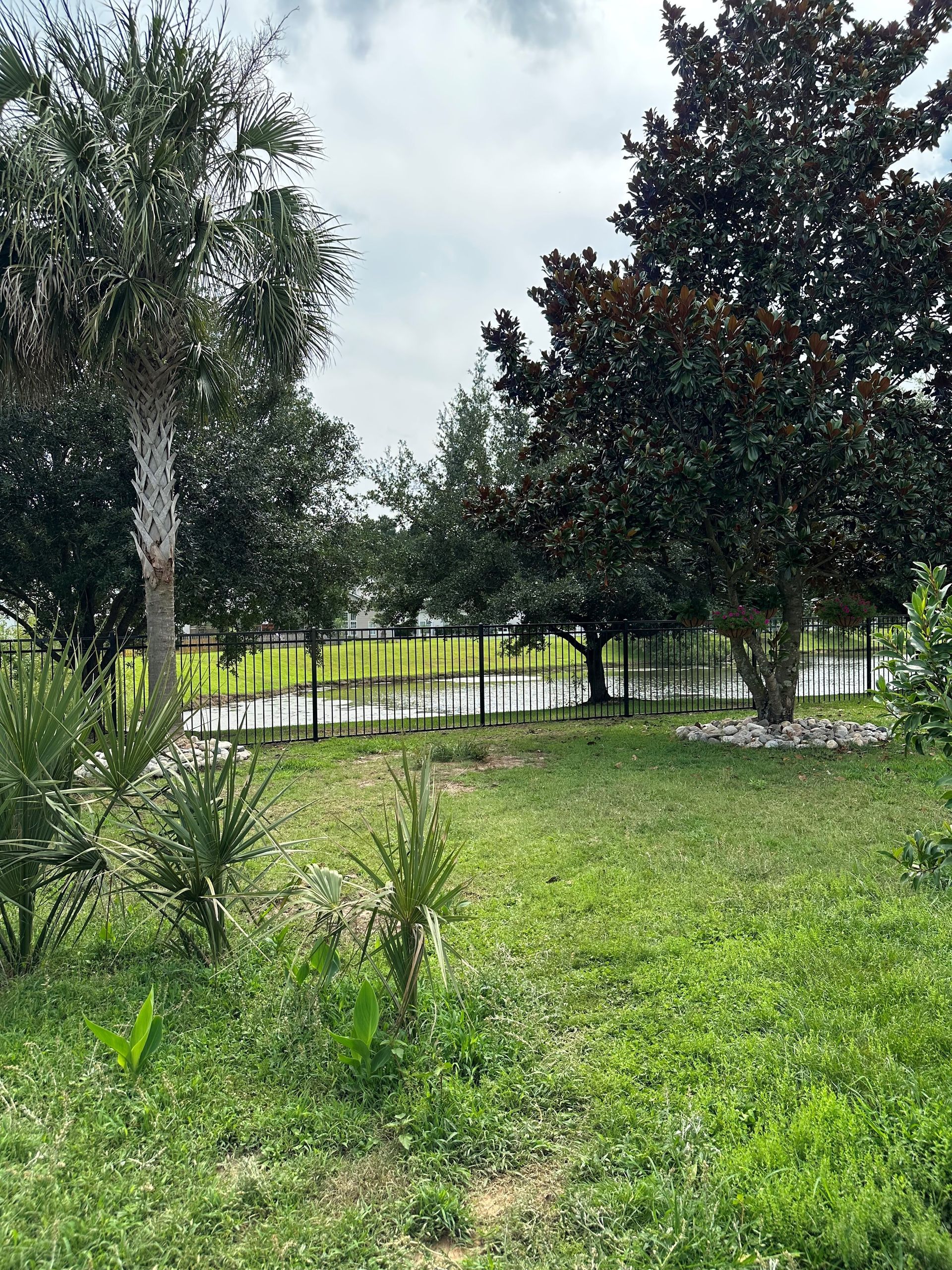 A lush green field with trees and bushes and a fence in the background.
