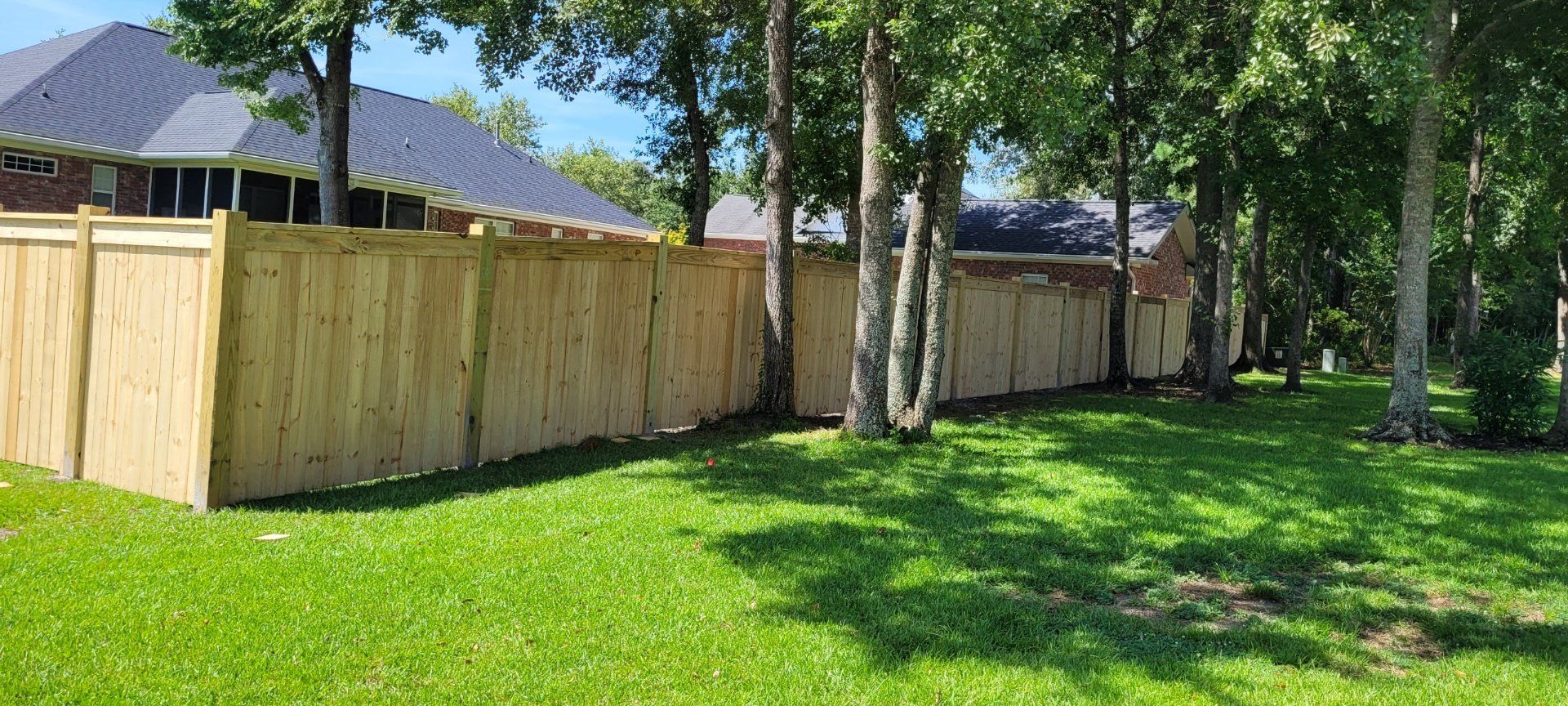 A wooden fence is surrounded by trees in a backyard.