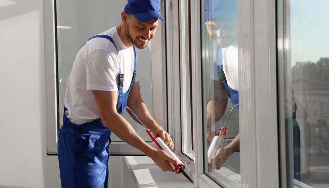 Man in blue overalls caulking a white window frame, smiling.