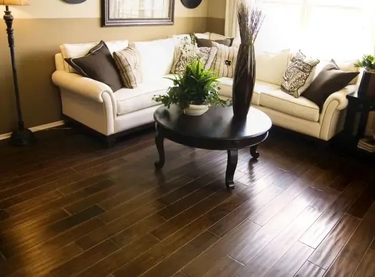 Living room with white sofa, dark wood coffee table, and glossy hardwood floor.