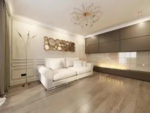 Cozy living room with brick fireplace, exposed wood beams, and a plush sofa.