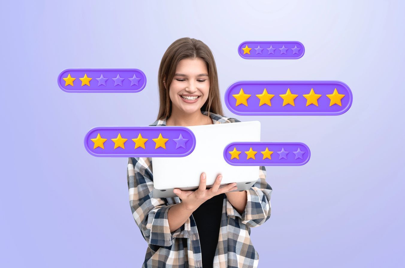 Una mujer sostiene una computadora portátil con un montón de estrellas saliendo de ella.