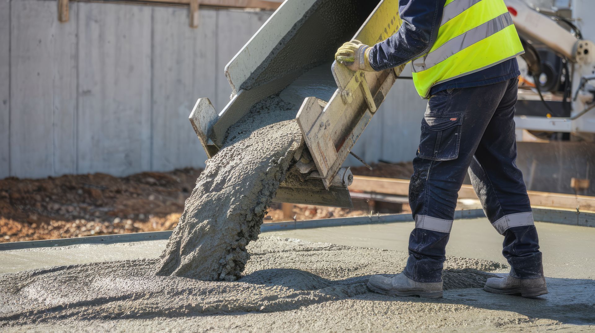 A professional worker pouring fresh cement for a new foundation by a concrete paving contractor.
