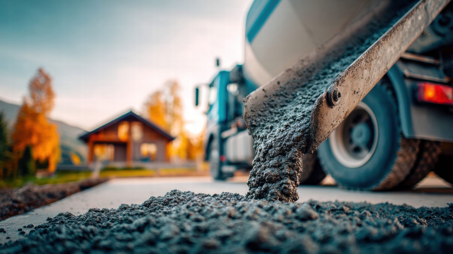 Fresh cement pouring from a truck chute for a project by a concrete paving contractor.