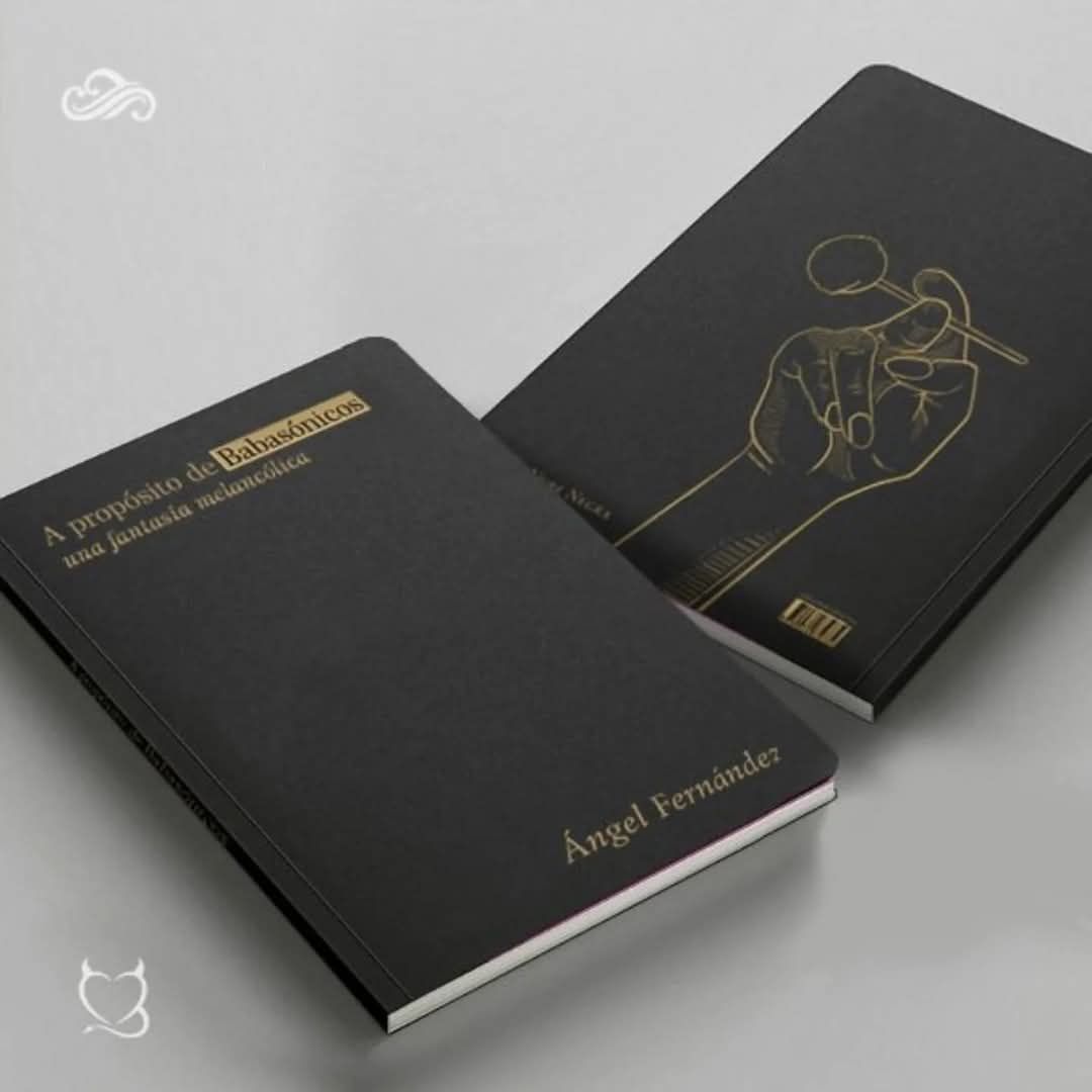 Dos libros negros con letras e ilustraciones doradas sobre un fondo gris claro.