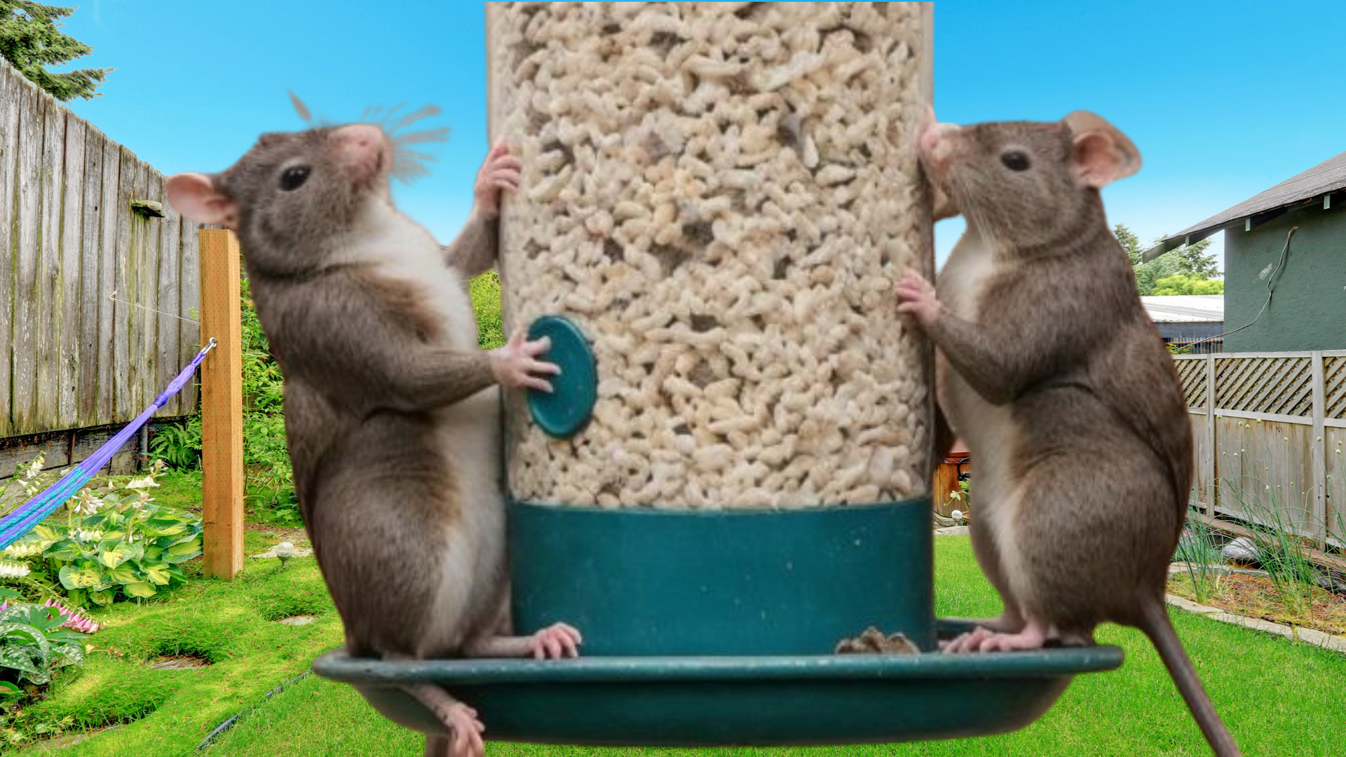 Upclose picture of 2 rats eating from a bird feeder 