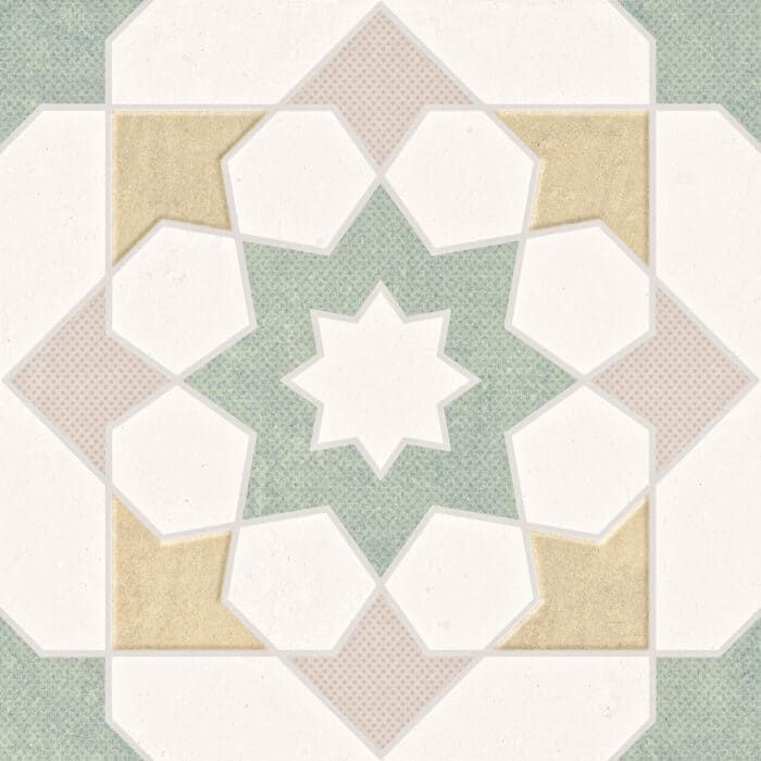 Decorative green star-patterned tile from the Doha Field collection