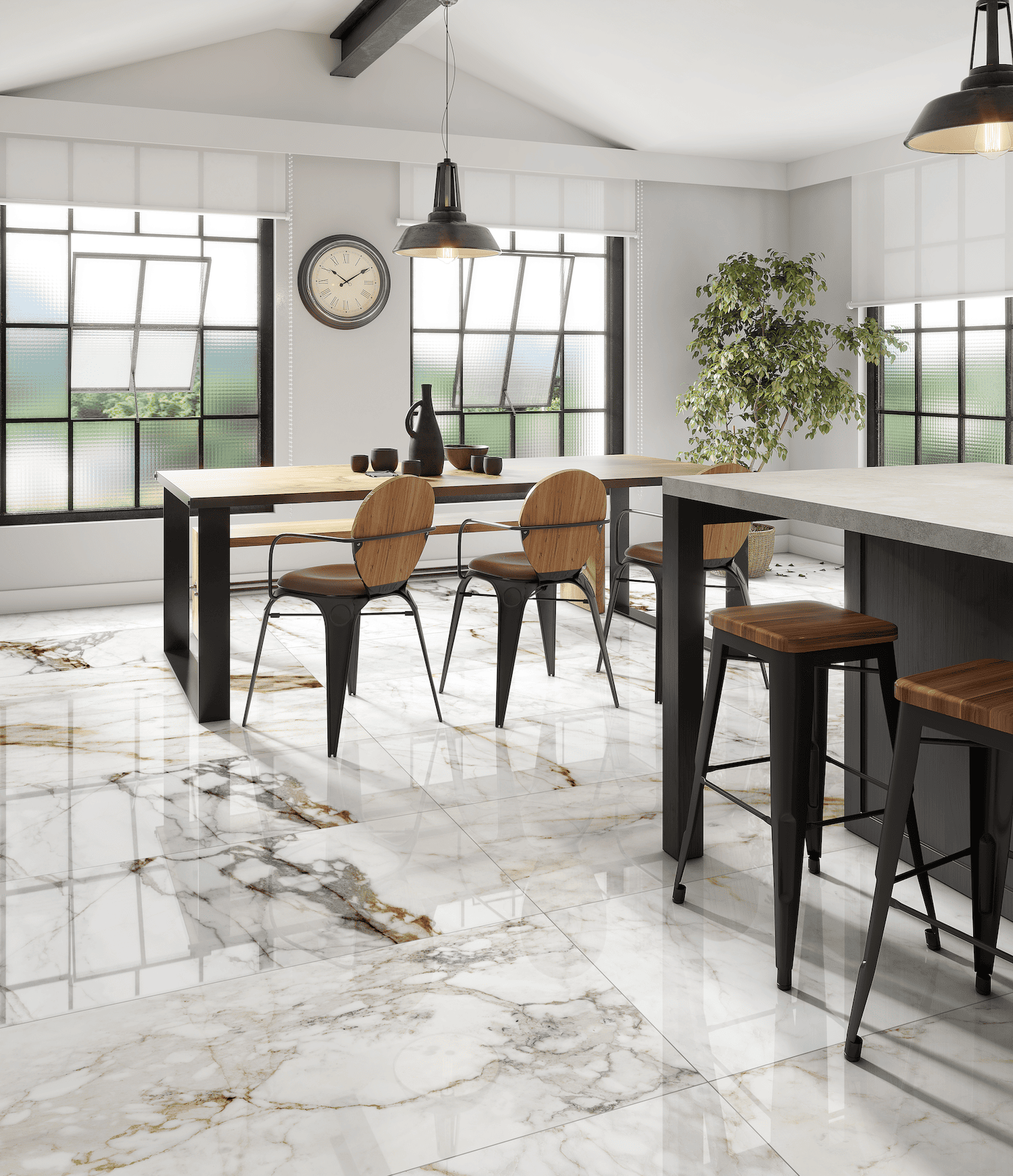 Rectified Spiral tile with a high-gloss finish and swirling pattern detail