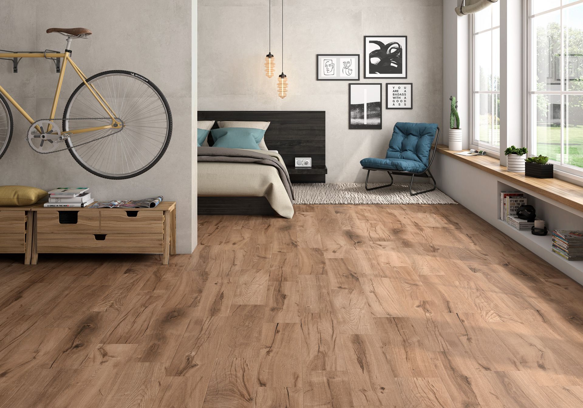 Ground Arena tiles bring warm wood aesthetics to the bedroom floor with a durable porcelain finish.