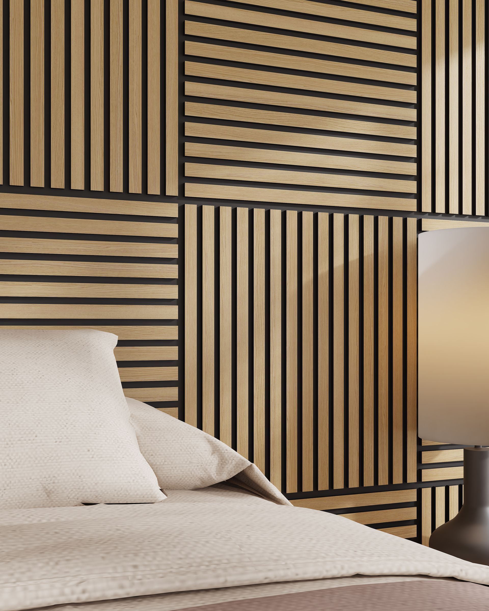 Closeup of square acoustic panels adding warmth and sound absorption to bedroom walls