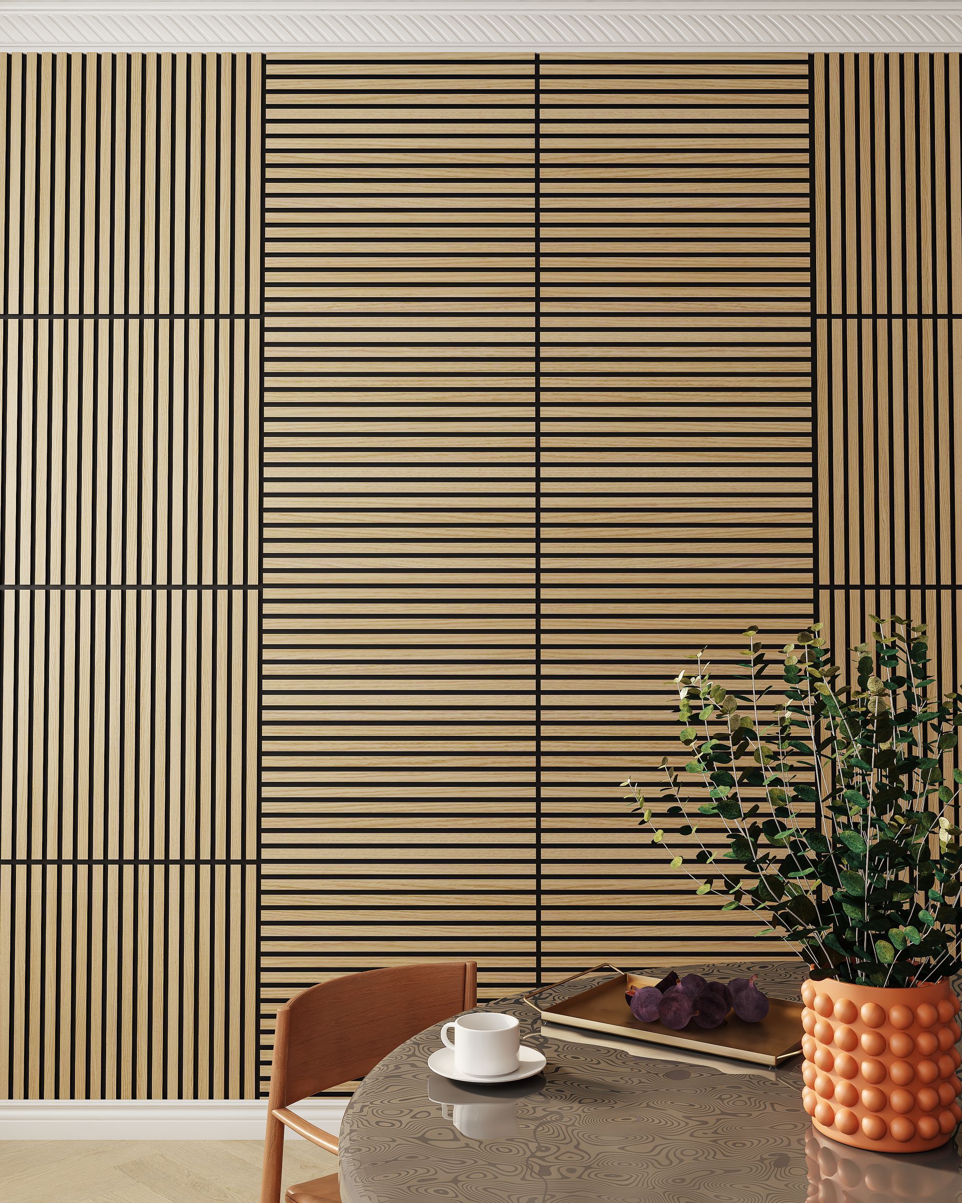 Closeup of square acoustic panels adding warmth and sound absorption to bedroom walls