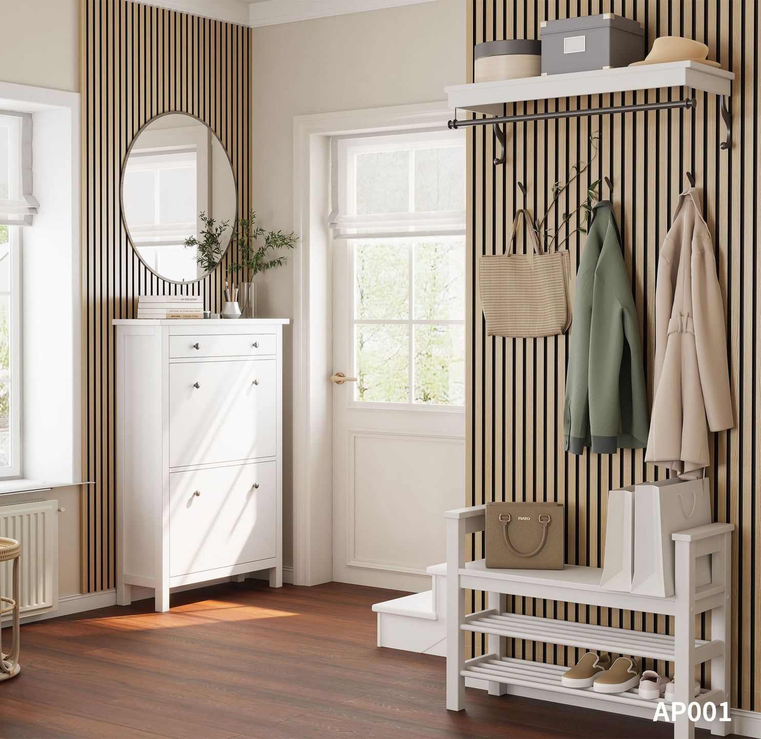 White Oak Acoustic Wall Panels create a minimalist and elegant finish in hallway spaces