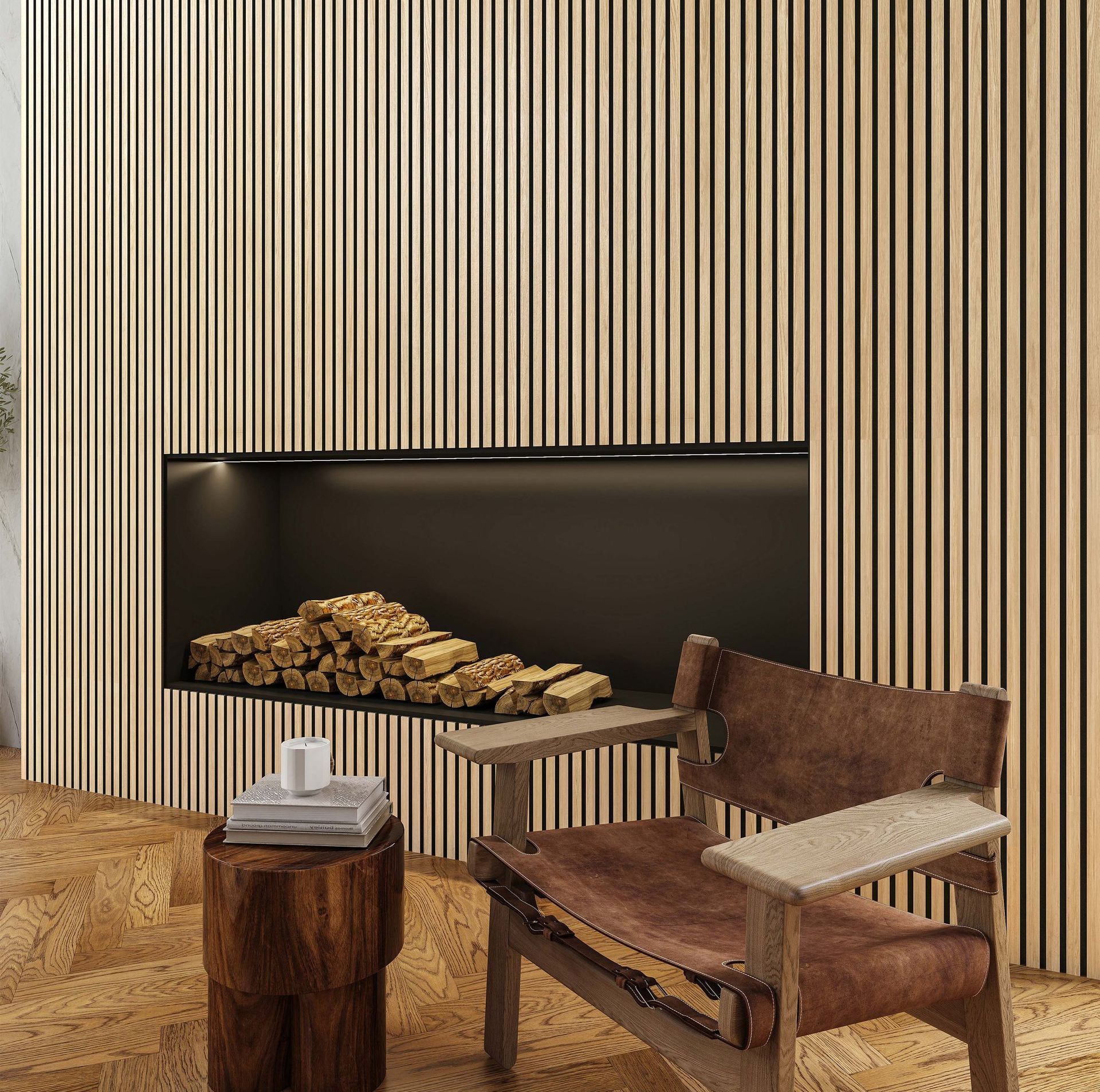 White Oak Acoustic Wall Panels enhance TV room ambiance with light, natural wood tones