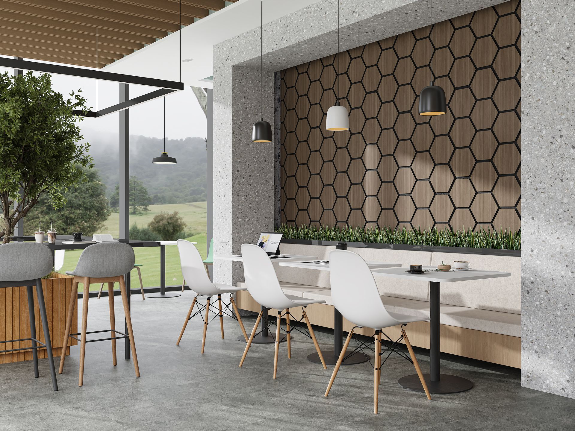 AP003 hex panels create a stylish focal point in diner areas