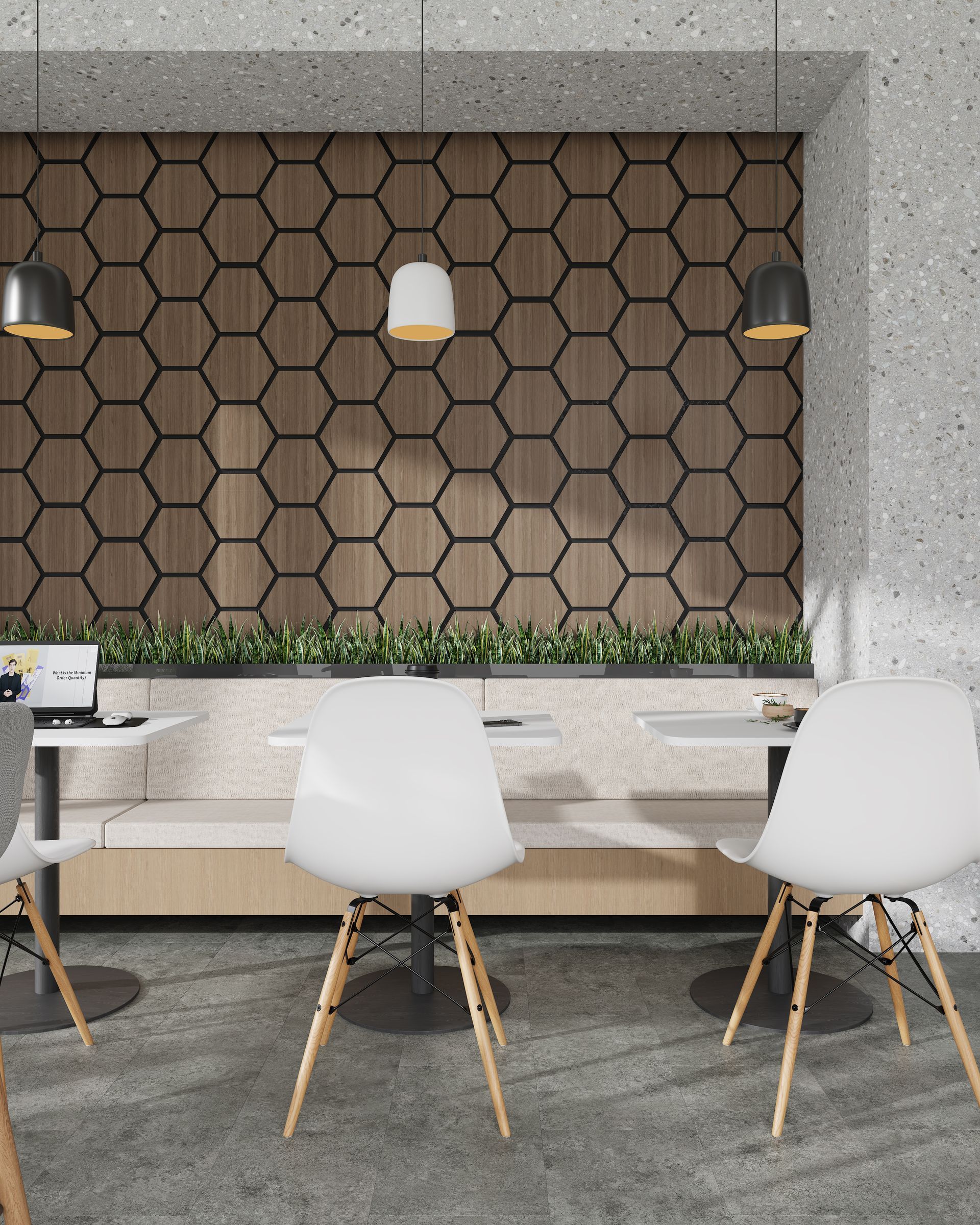 AP003 hex panels create a stylish focal point in diner areas